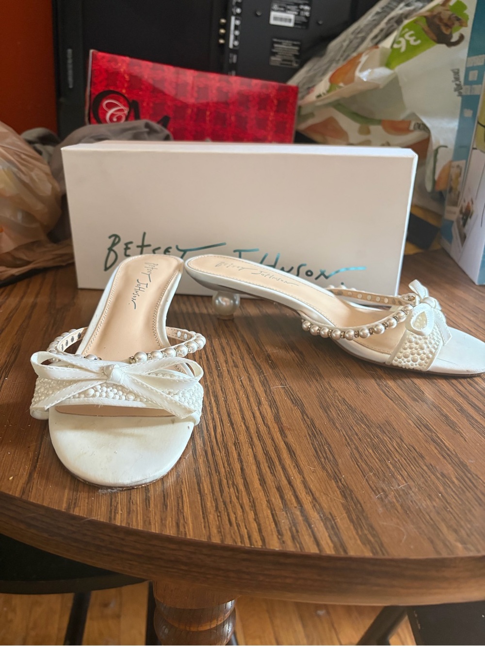 Betsey Johnson Ivory Pearl Bow Open-Toe Heels